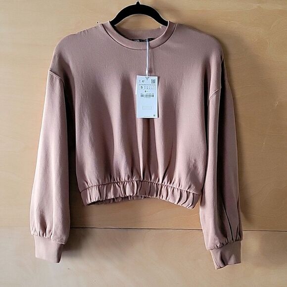 NWT Zara S Crop SweatShirt Crew Neck Long Sleeve Brown Tan Camel Sweater Top NWT - Picture 3 of 7